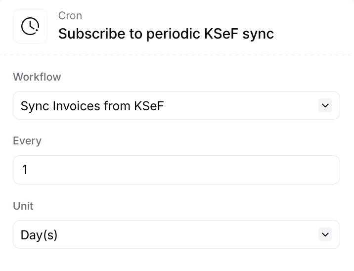 Configured Subscribe to periodic KSeF sync step showing the selected sync workflow and interval
