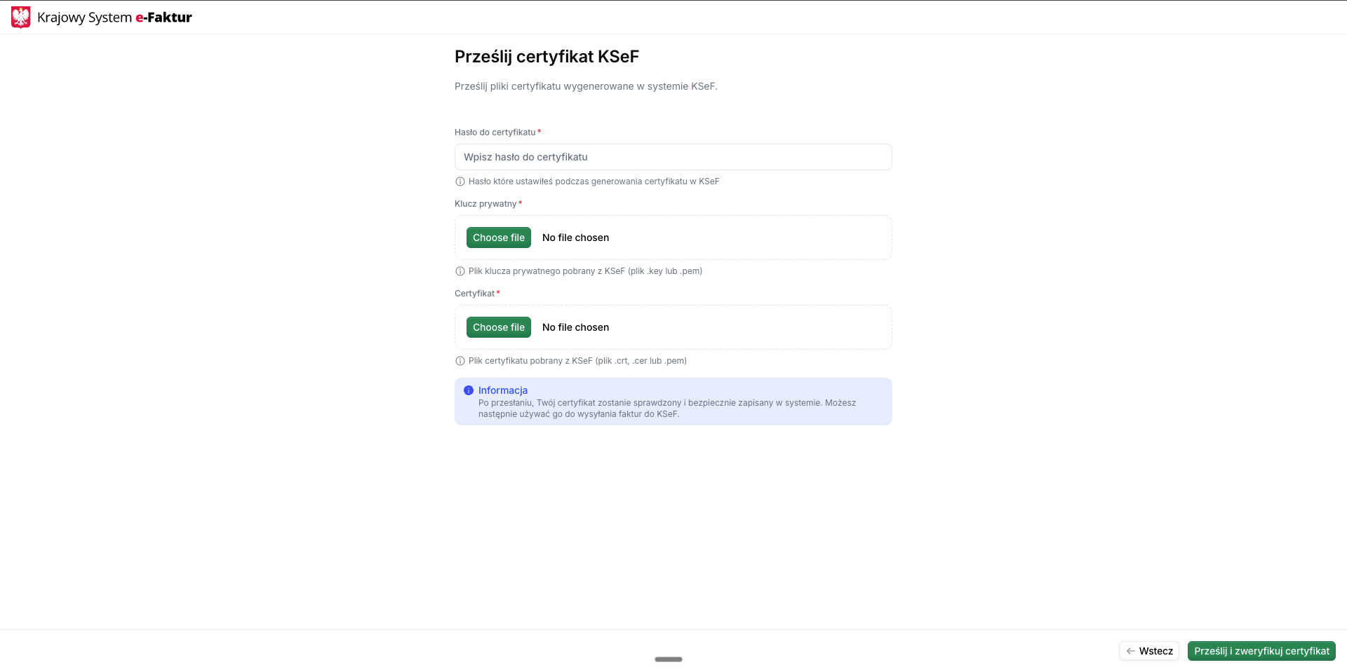 KSeF certificate upload form