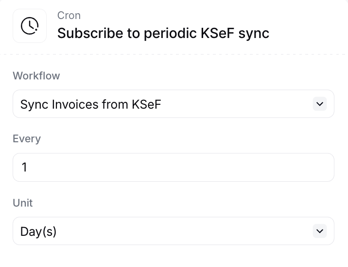 Configured Subscribe to periodic KSeF sync step showing the selected sync workflow and interval