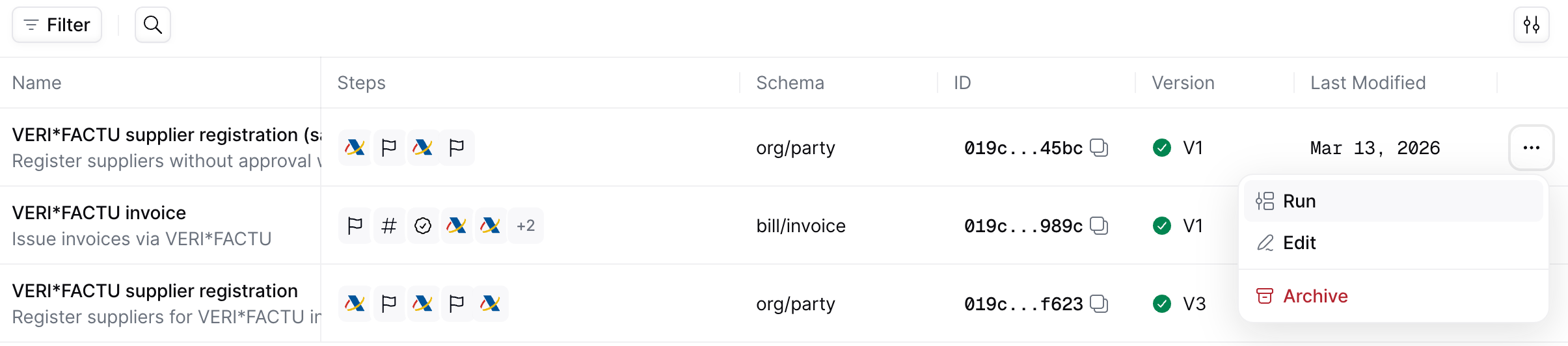 Run option in the workflow list menu