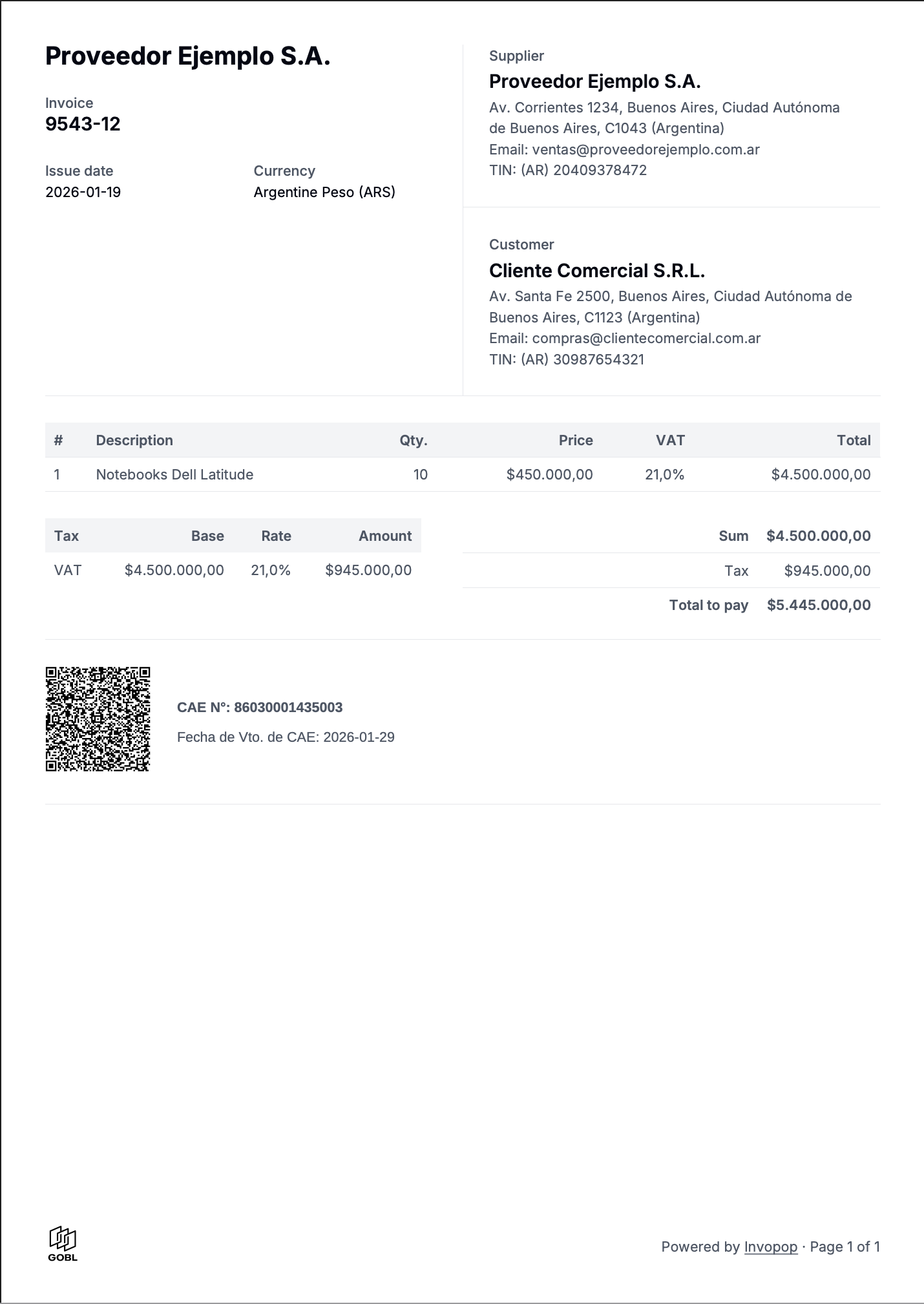 Sent invoice