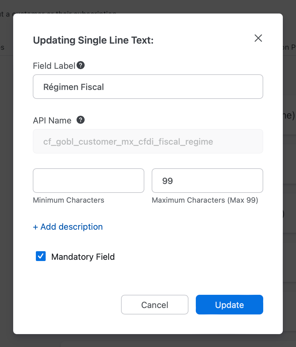 New Chargebee custom field