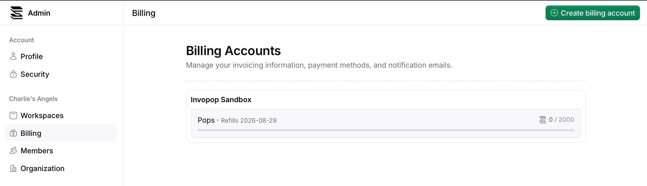 Billing accounts list with the sandbox account