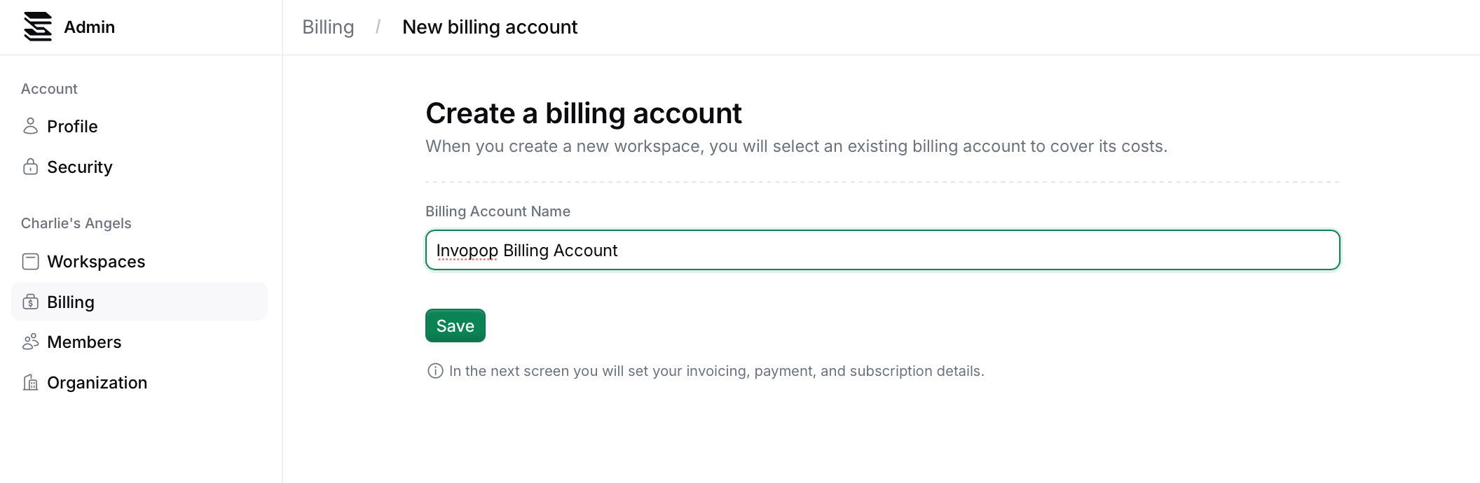 Create a billing account form