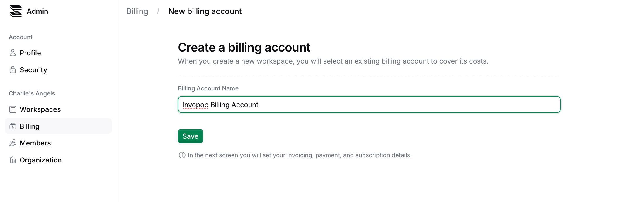 Create a billing account form