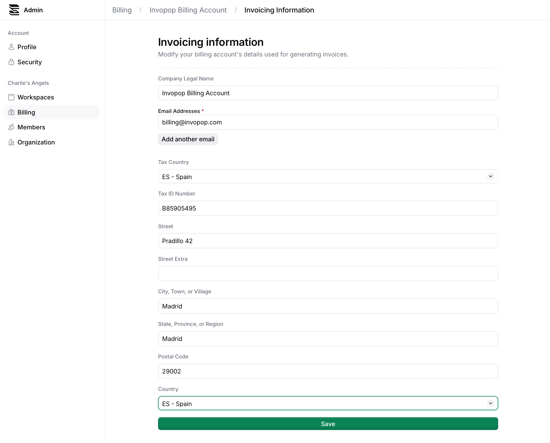 Invoicing information form