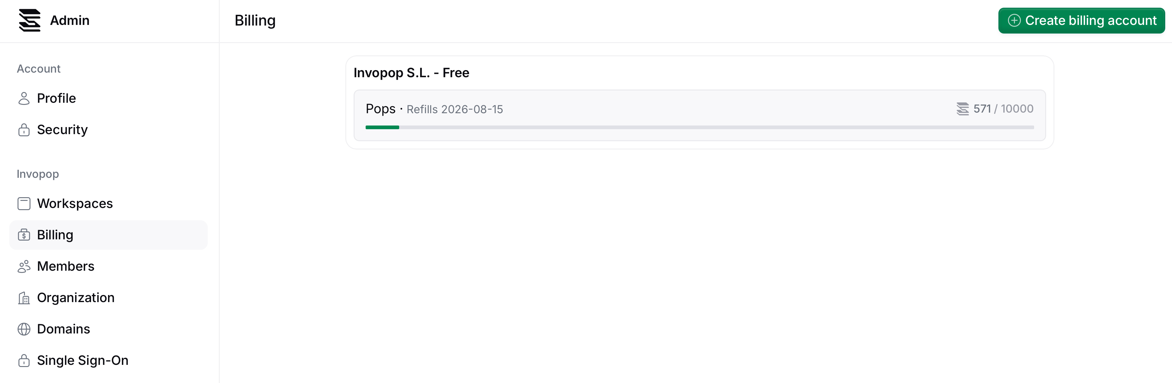 Pops usage progress bar in the billing account