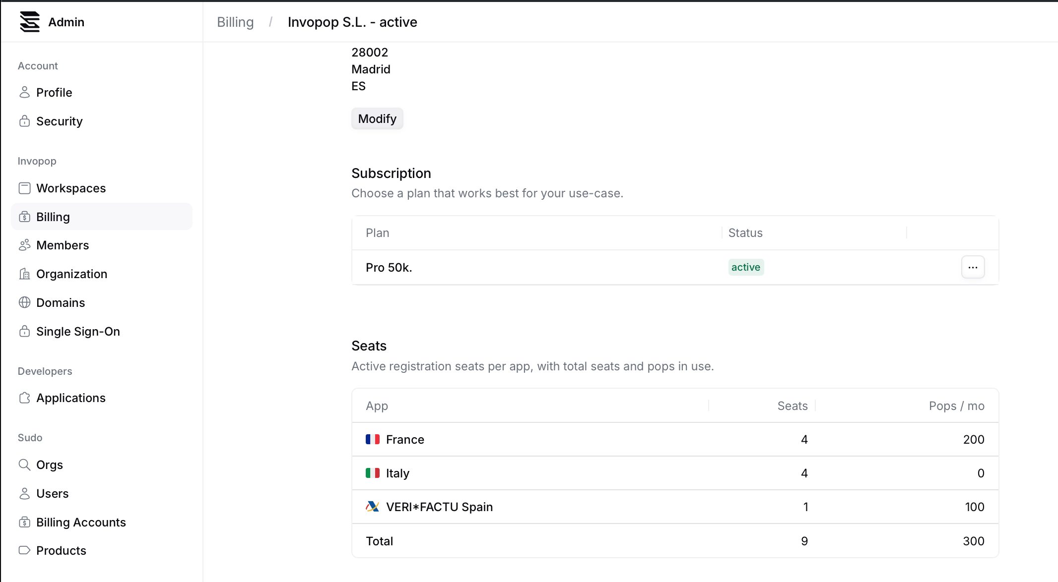 Seats section listing apps with seat counts and pops