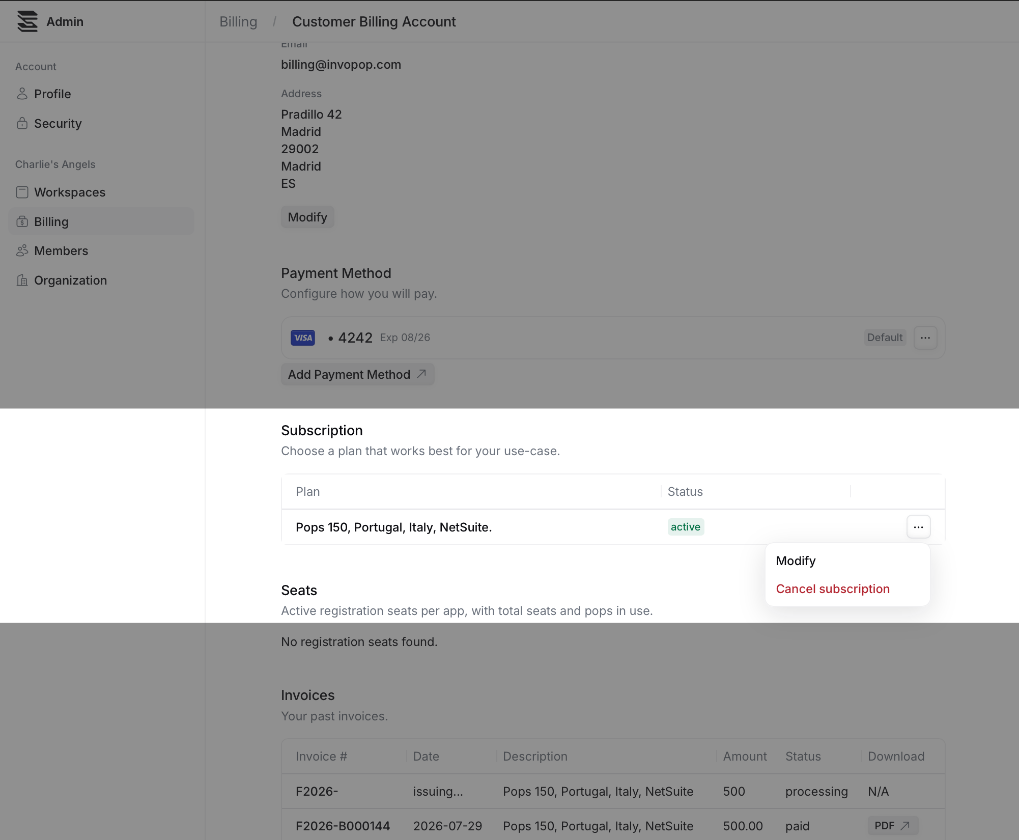 Subscription menu with Modify and Cancel subscription options