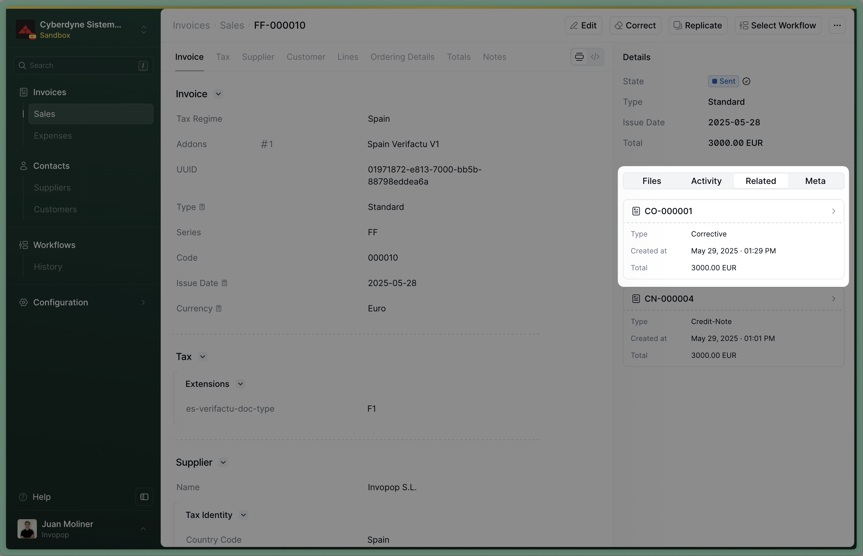 Invoice related to a corrective invoice