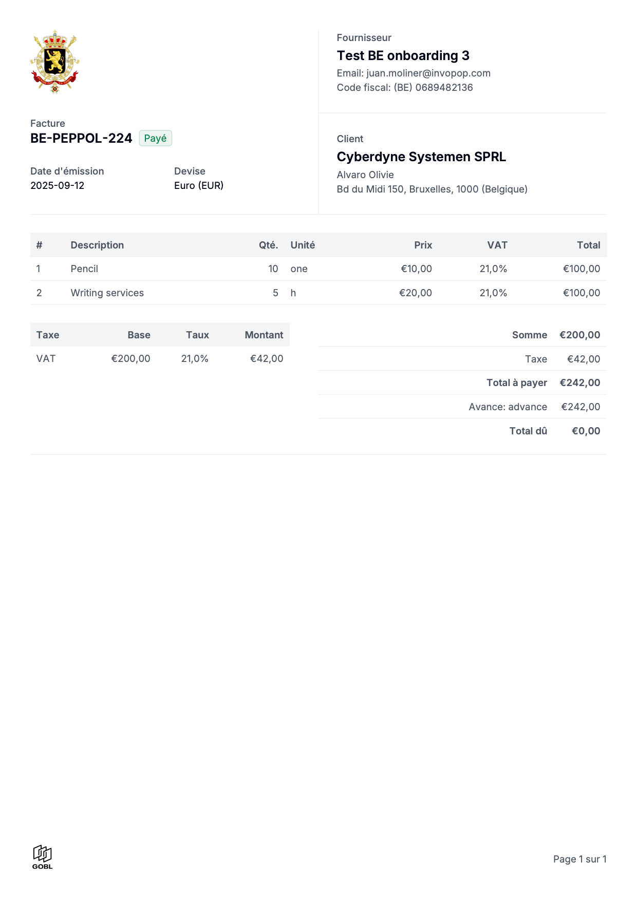 Example PDF invoice - Belgian invoice in French