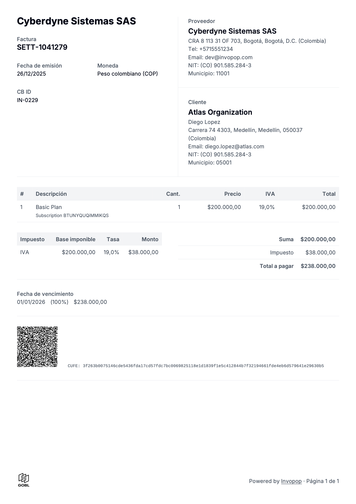 Example PDF invoice - Colombian invoice in Spanish