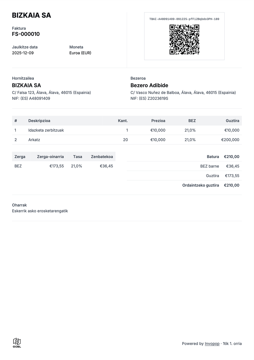 Example PDF invoice - Basque Country TicketBAI invoice in Basque