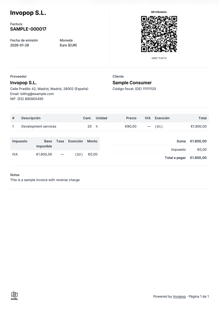 Example PDF invoice - Spanish VERI*FACTU invoice in Spanish