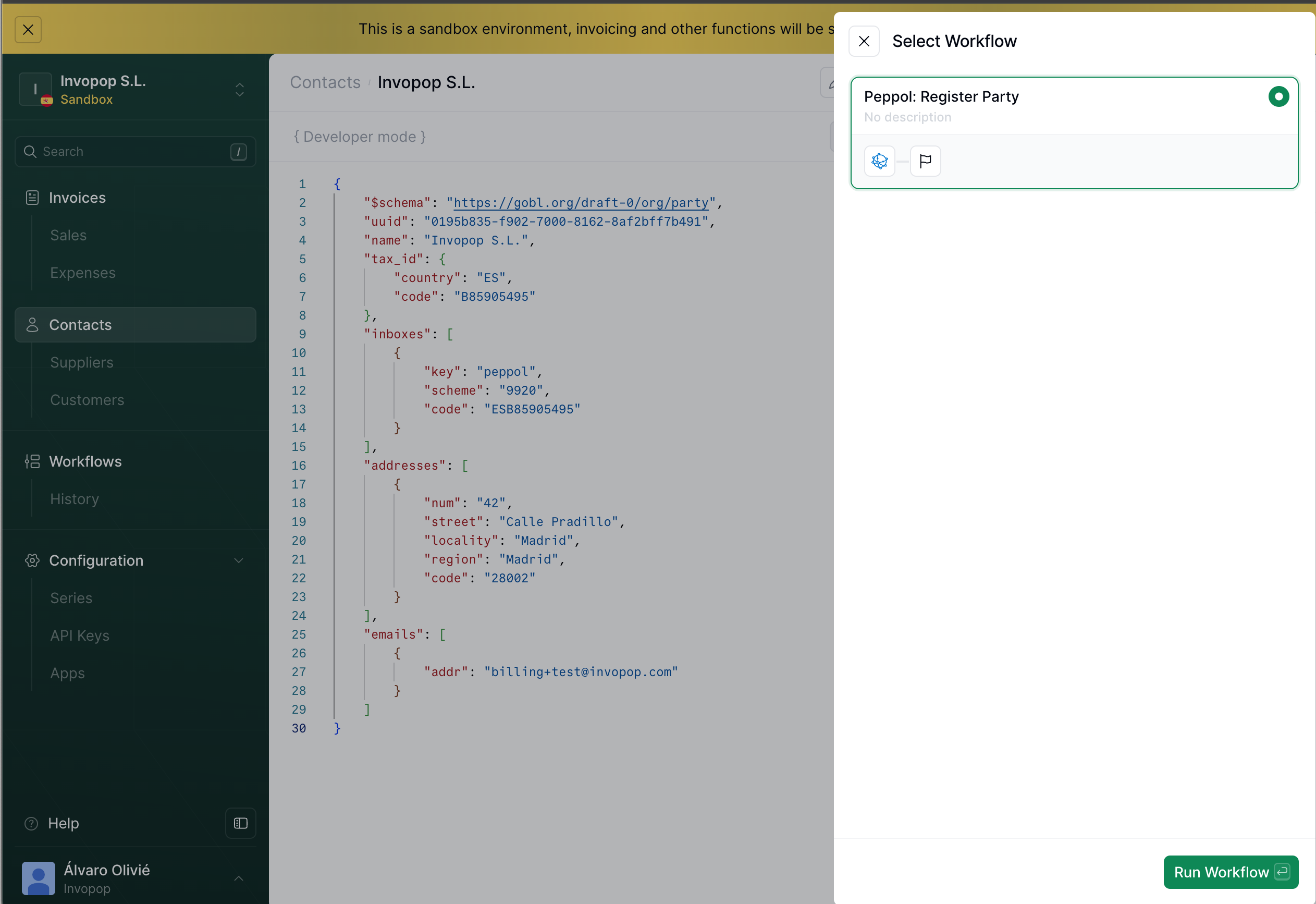 Sending party to the registration workflow