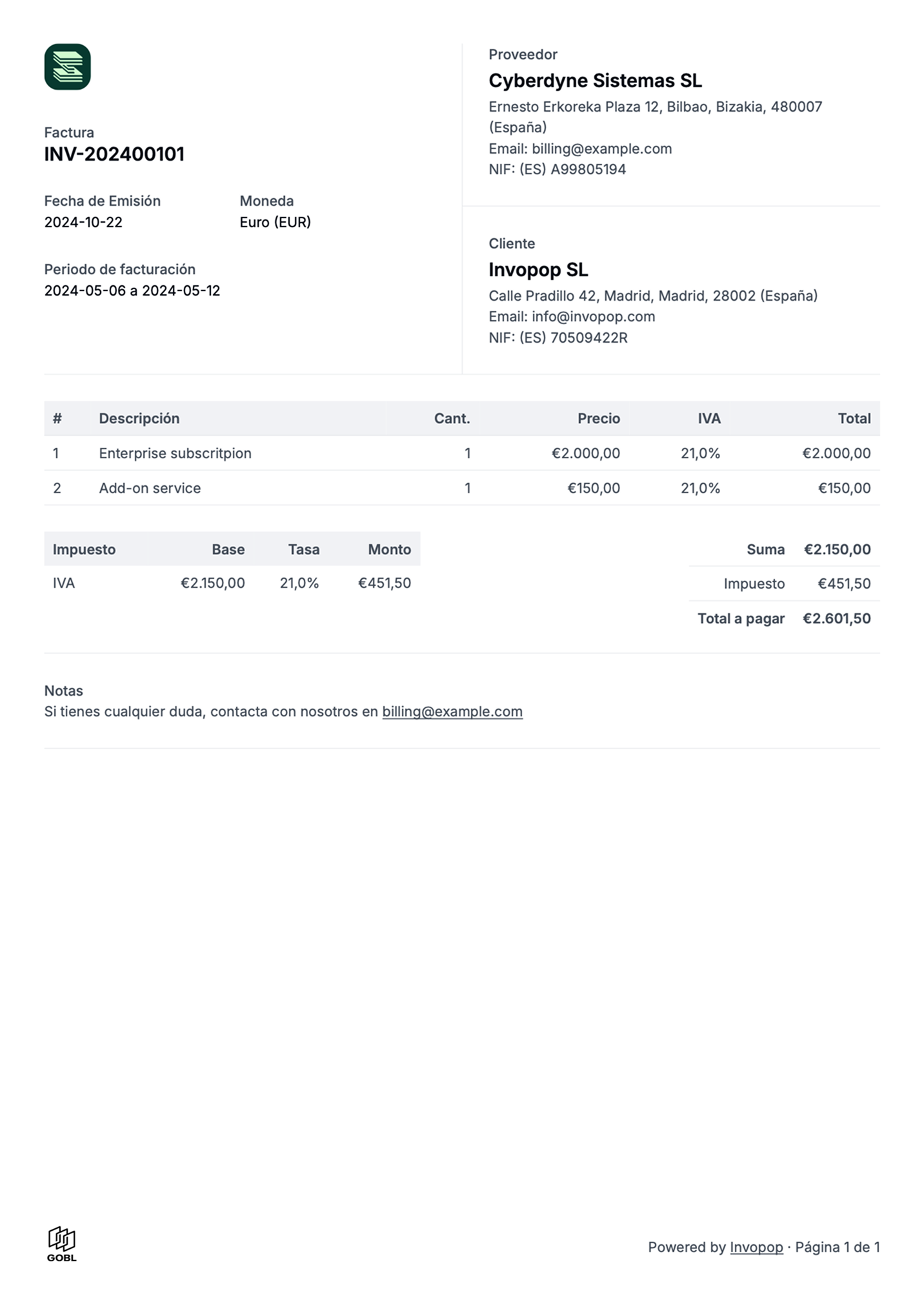 Example of a PDF invoice