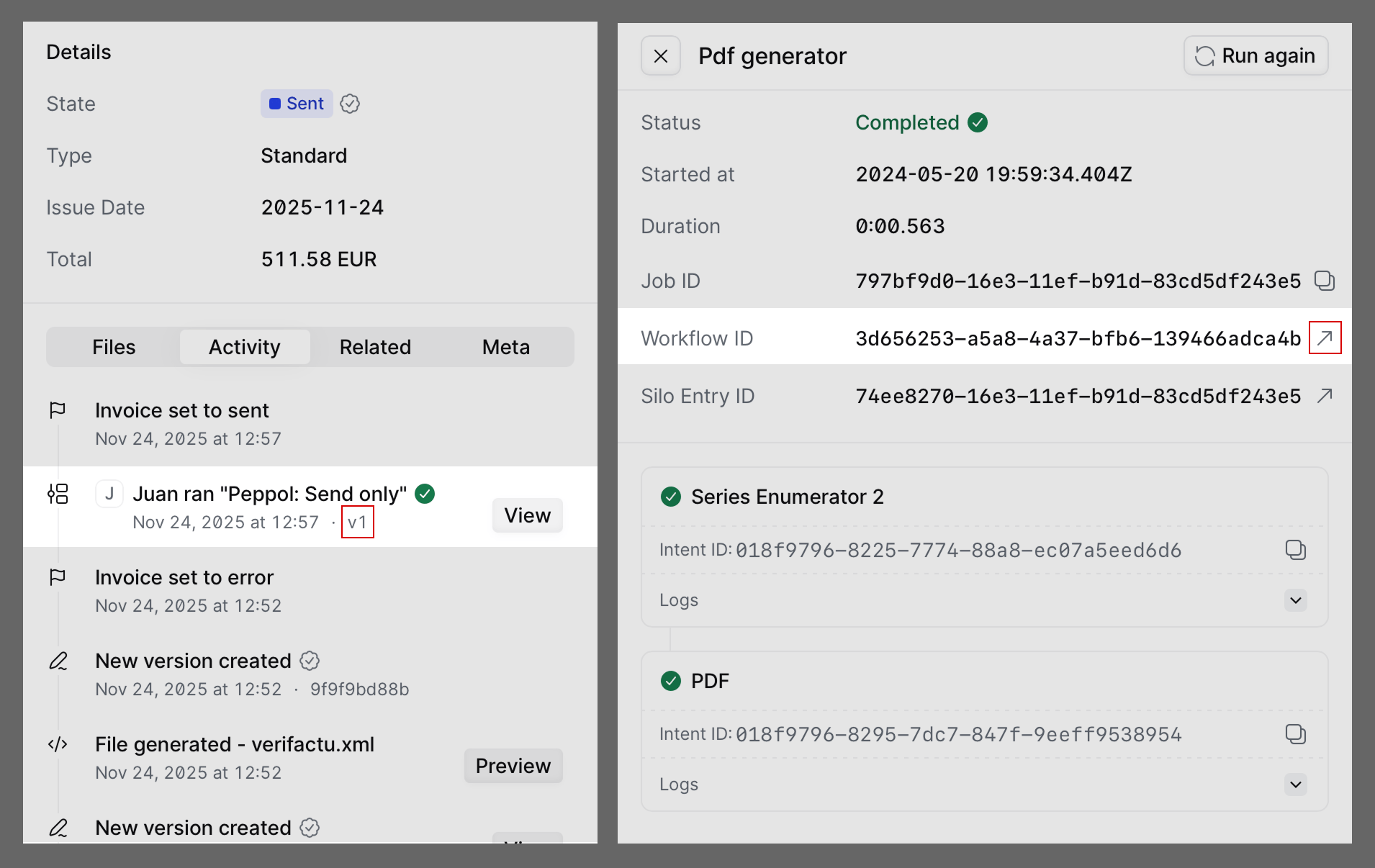 Job history showing workflow version information