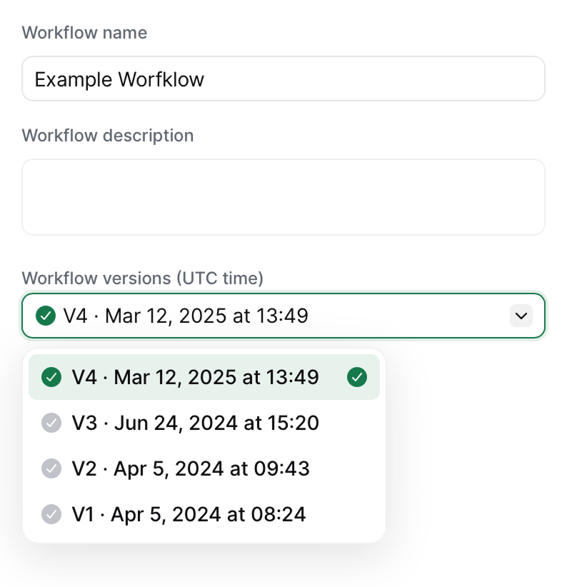 Workflow versions menu showing draft and published versions