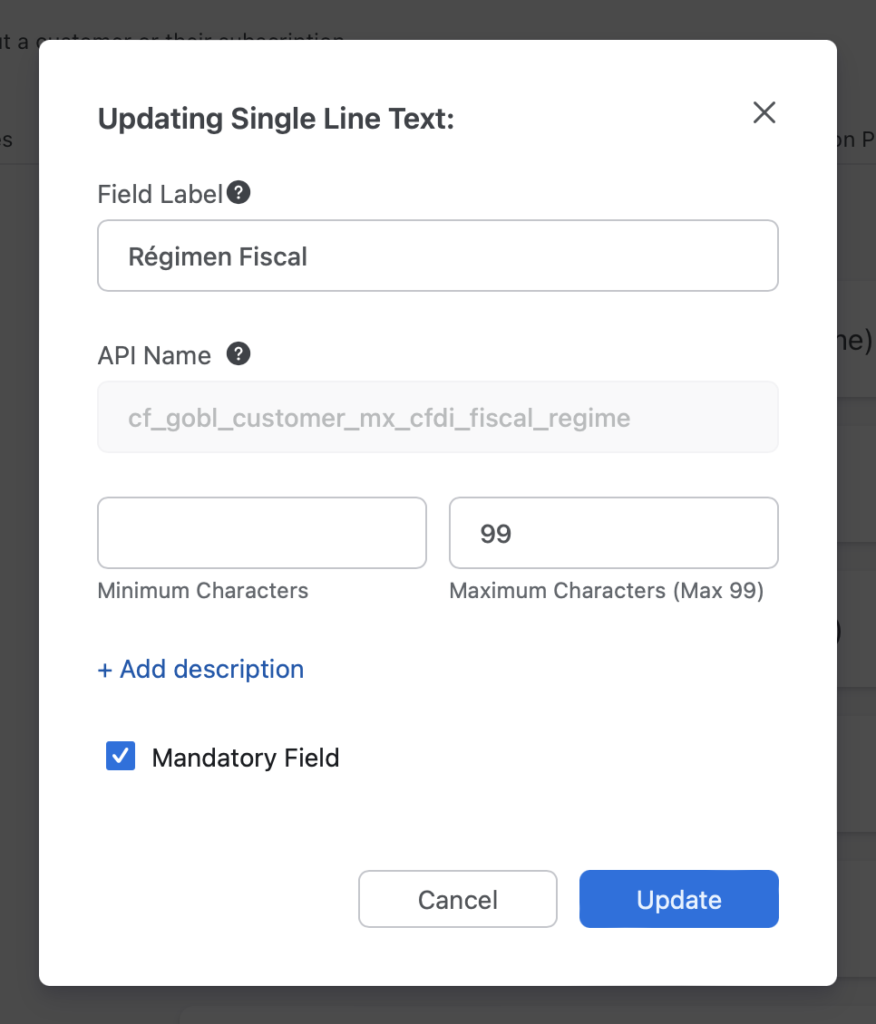 New Chargebee custom field