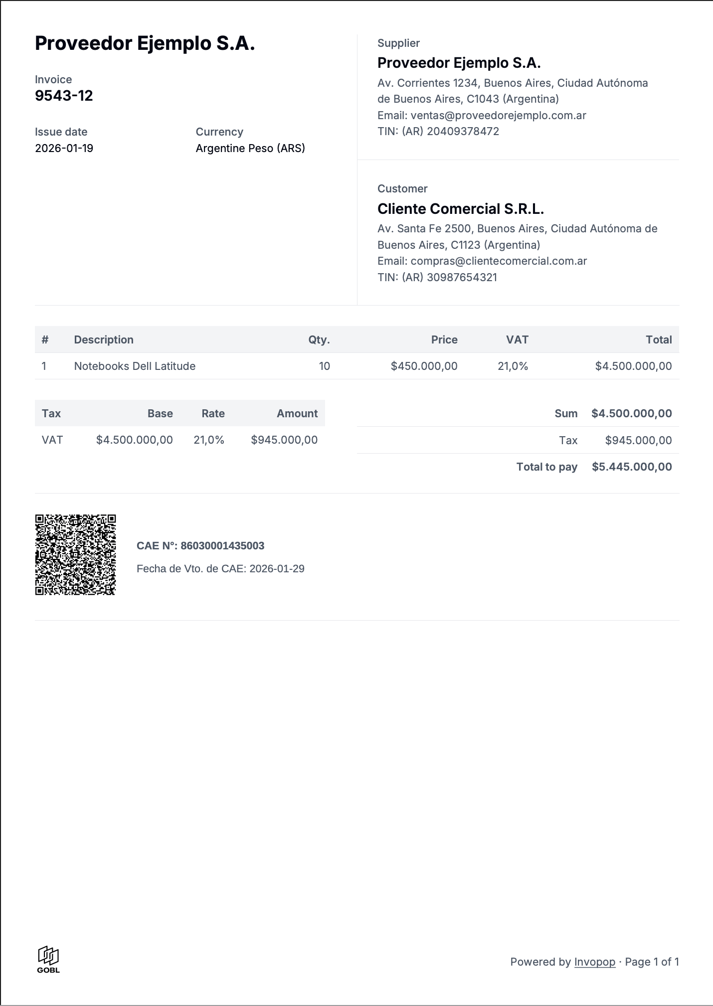 Sent invoice