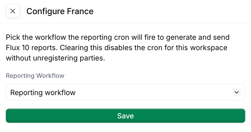 France app configuration sidebar with the Reporting Workflow selector