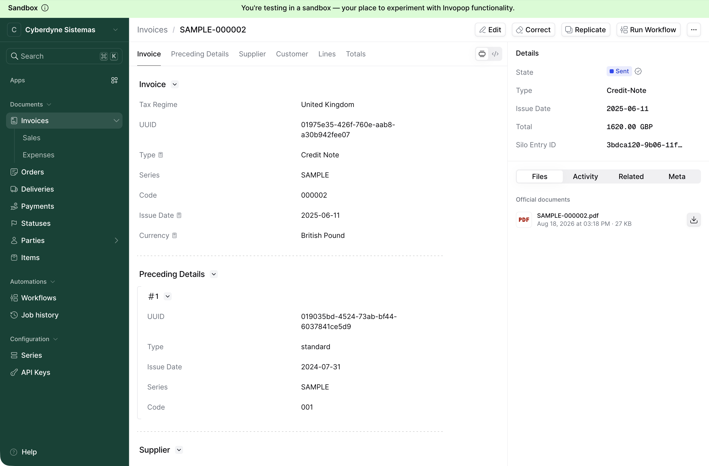 Invoice detail with the state set to Sent and the generated PDF