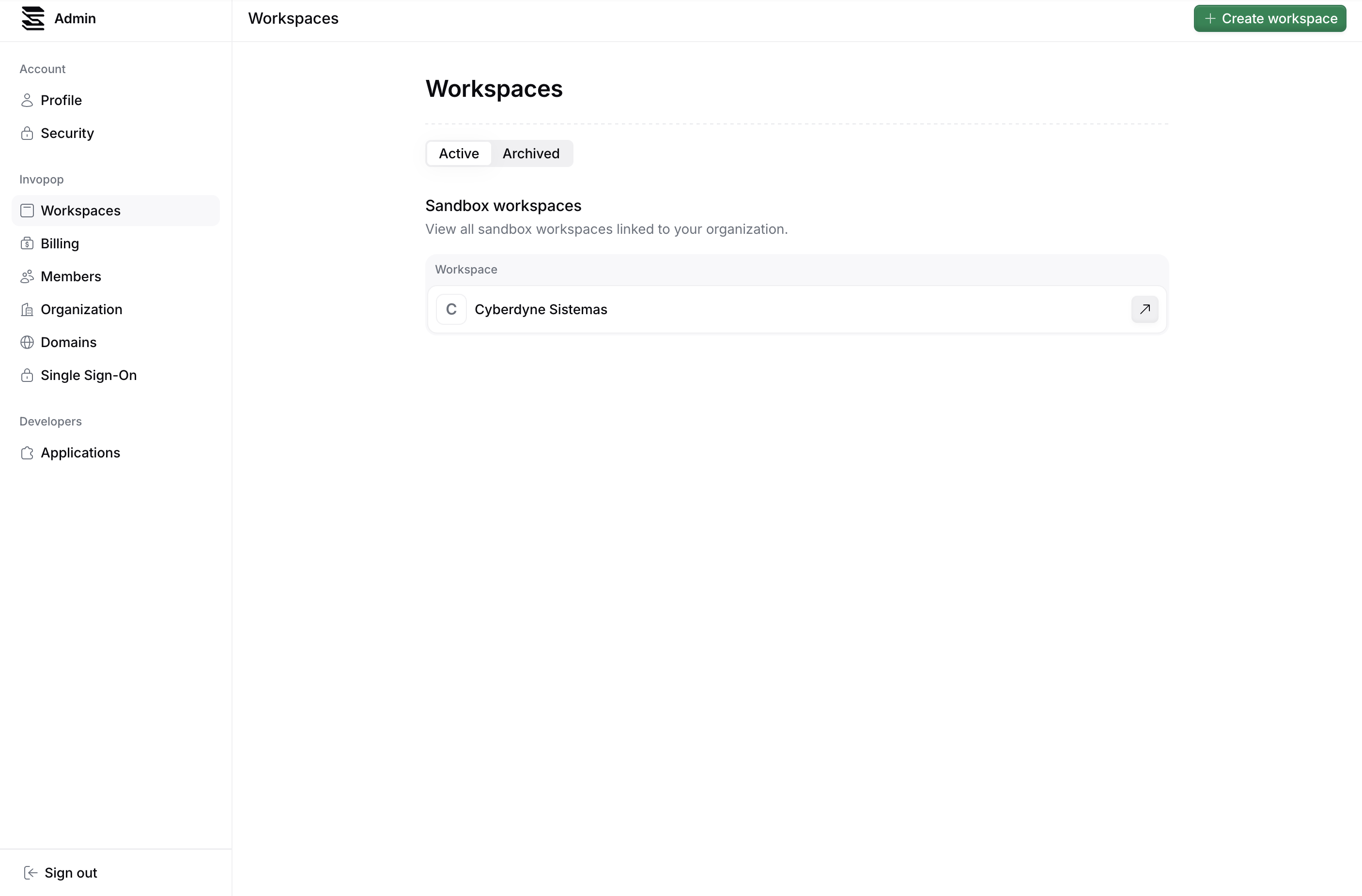 Workspaces page in the Admin area