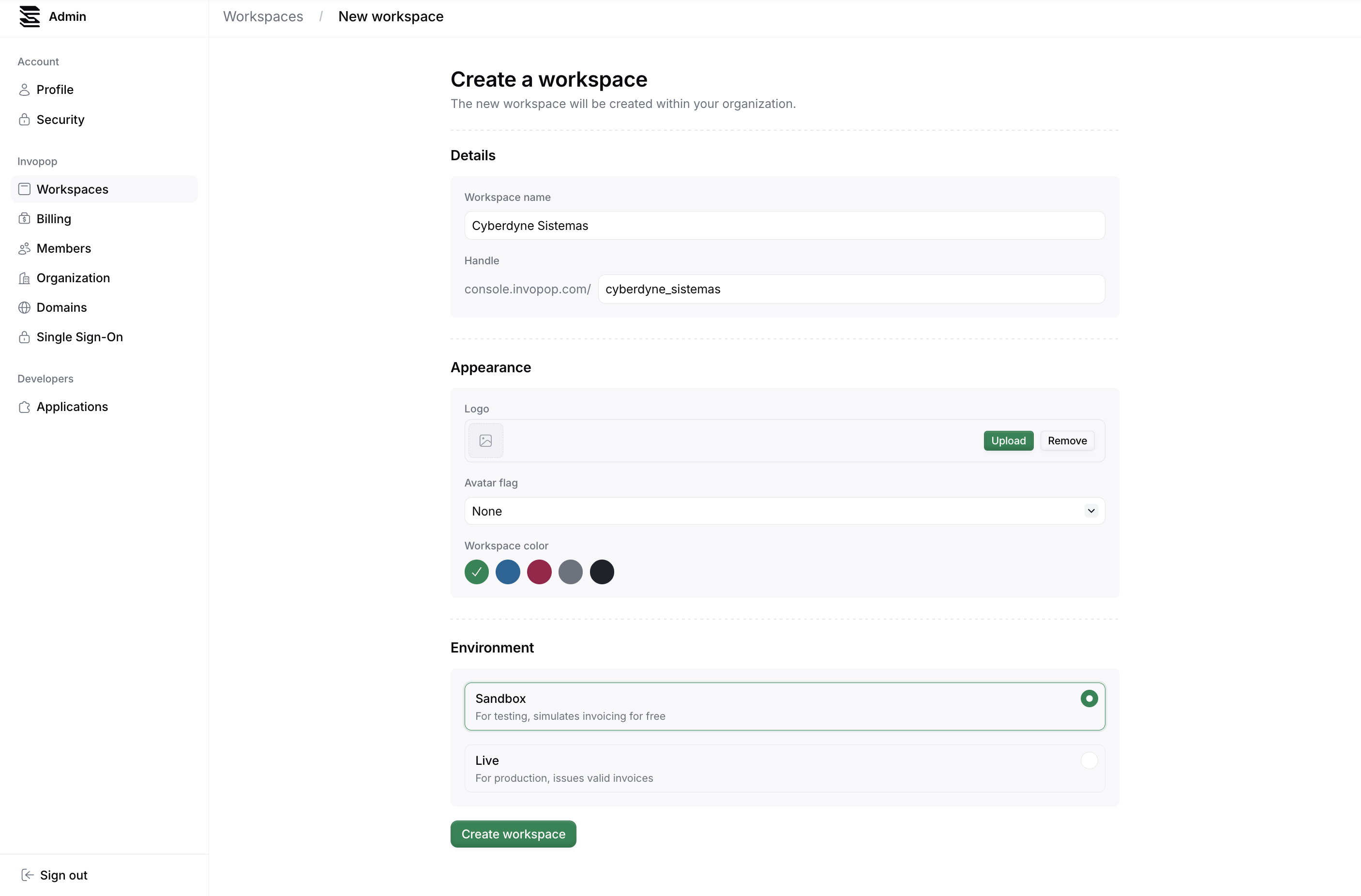 Create a workspace form with sandbox environment selected