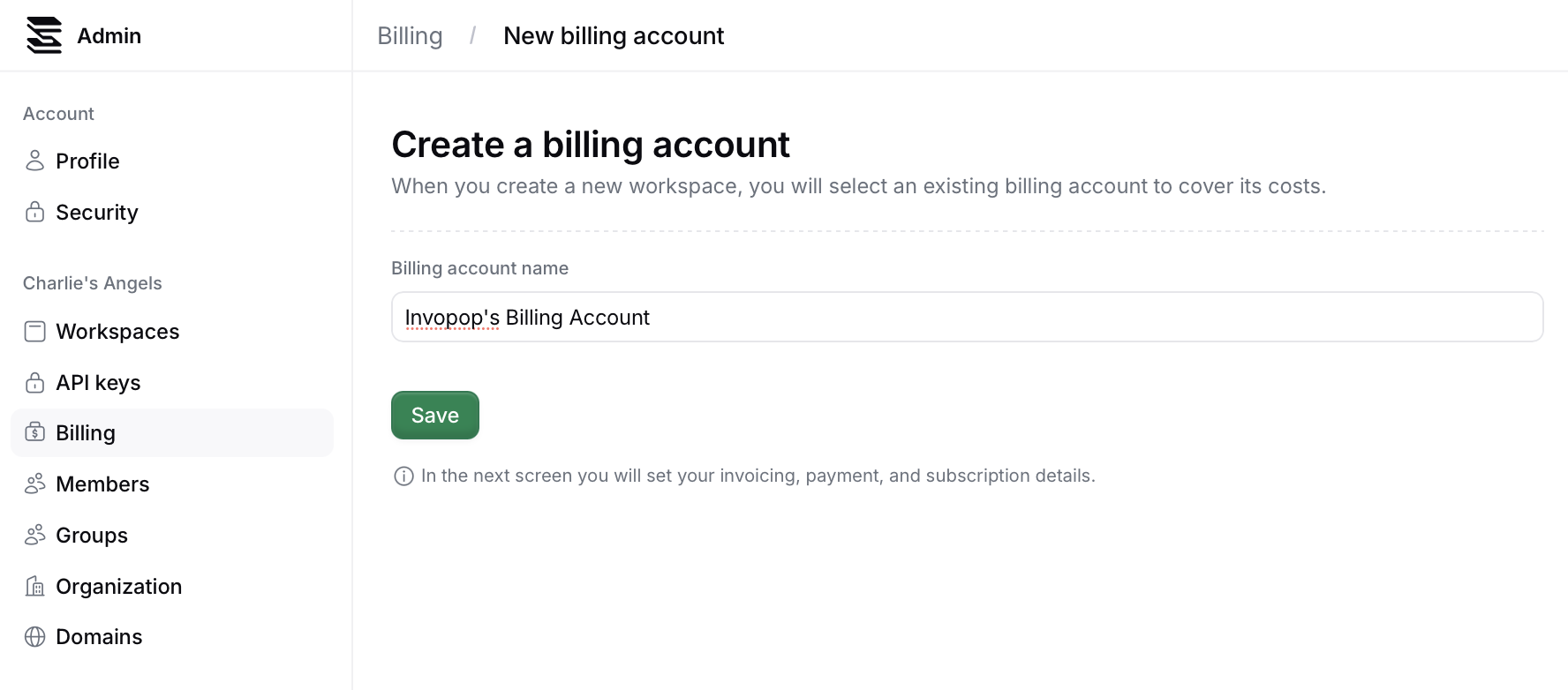 Create a billing account form