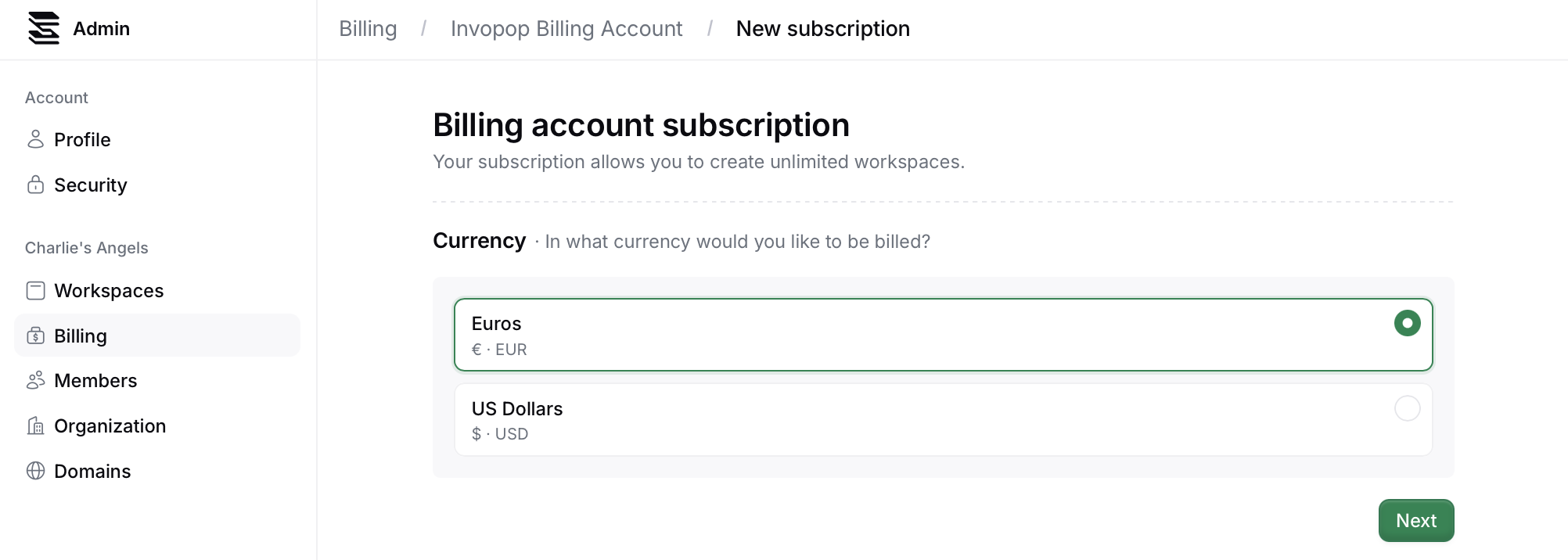 Billing Subscription Currency