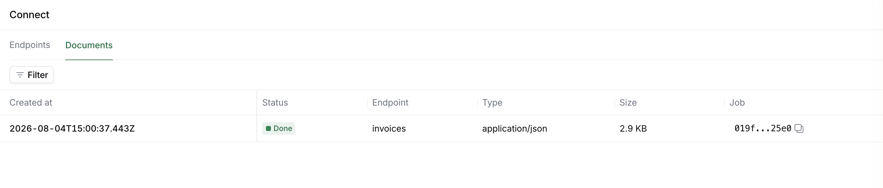 Documents tab listing a received JSON document with a Done status, its endpoint, size and job