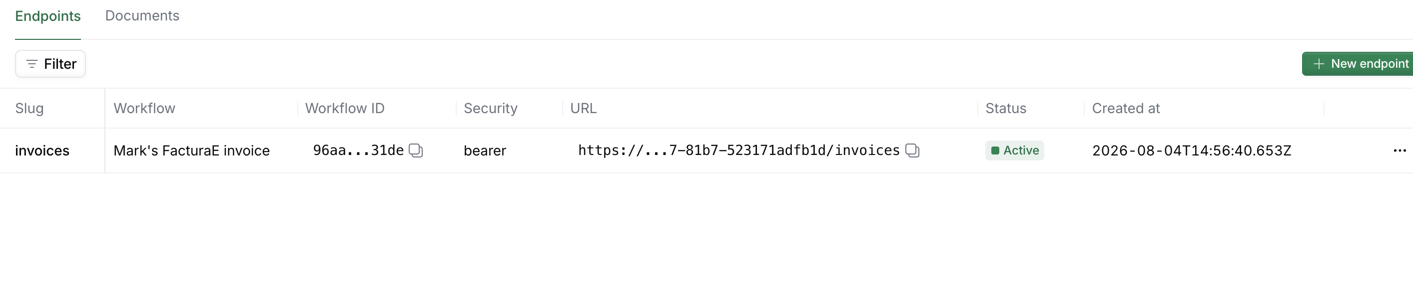 Endpoints tab listing the new invoices endpoint with an Active status and its URL