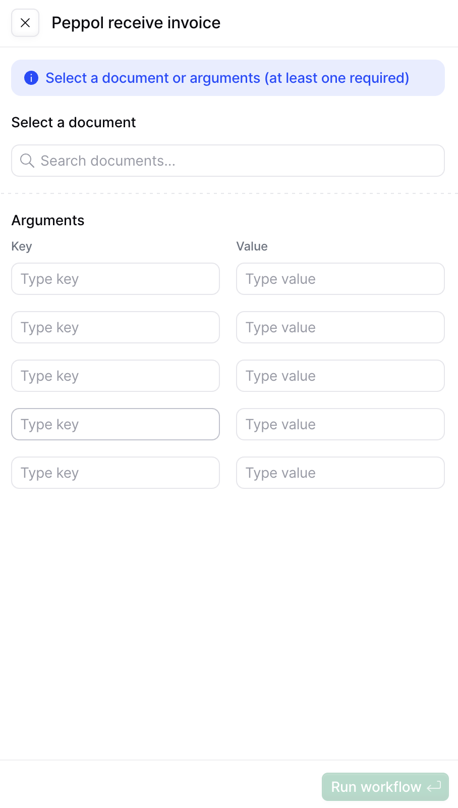 Run workflow panel with document and arguments fields