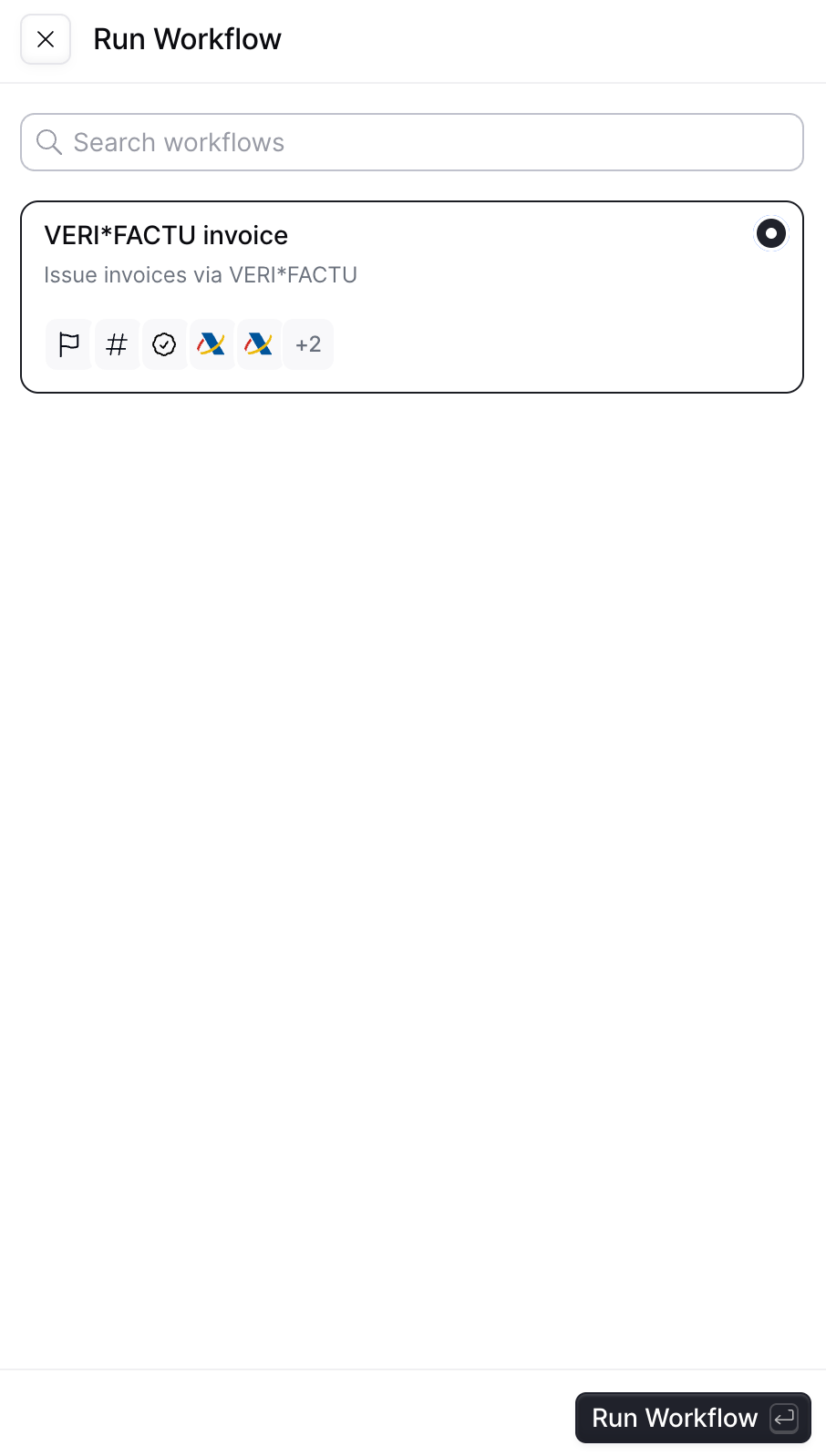 Workflow selection panel from a silo entry