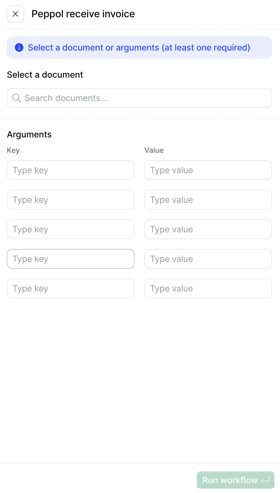 Run workflow panel with document and arguments fields
