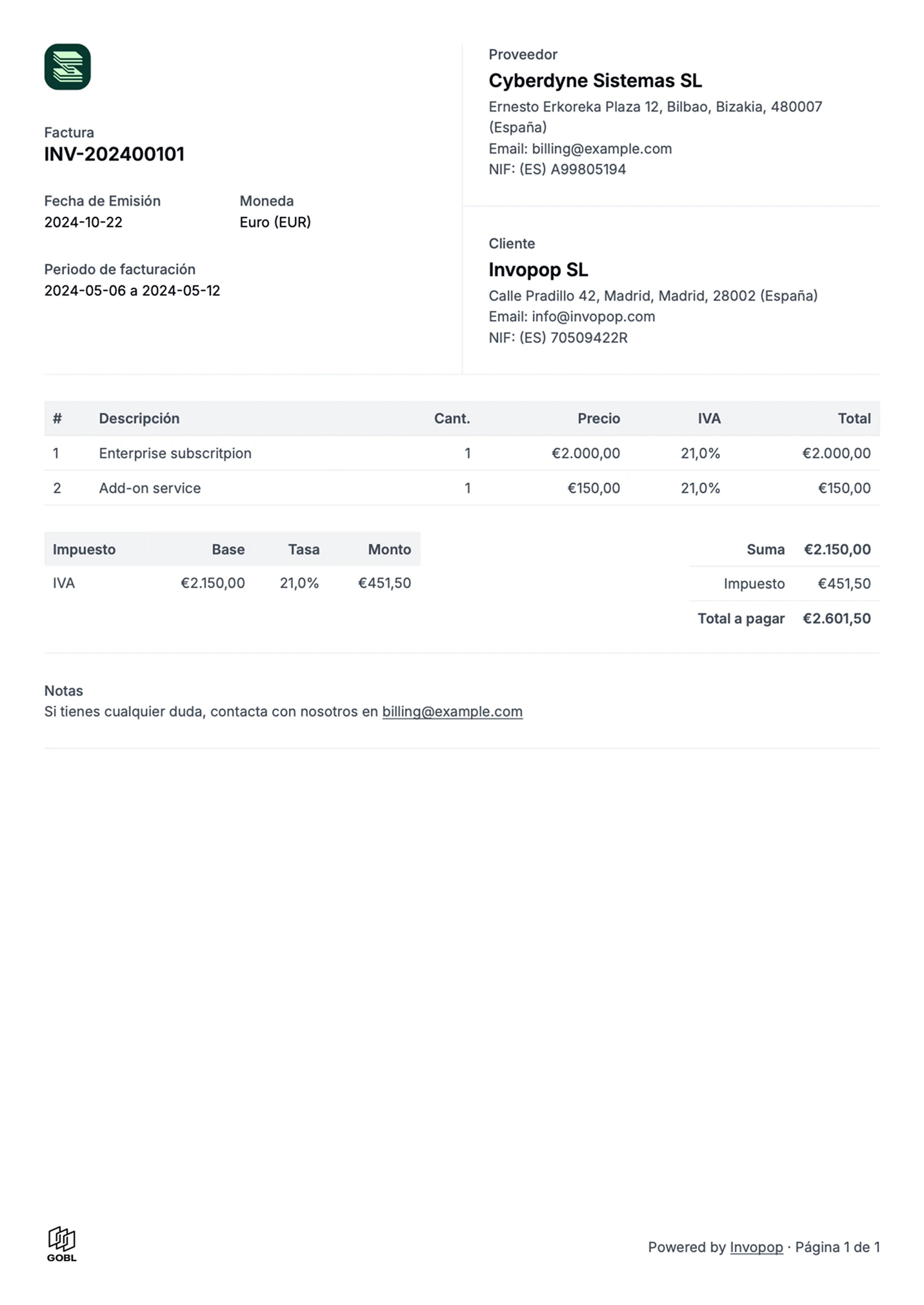 Example of a PDF invoice