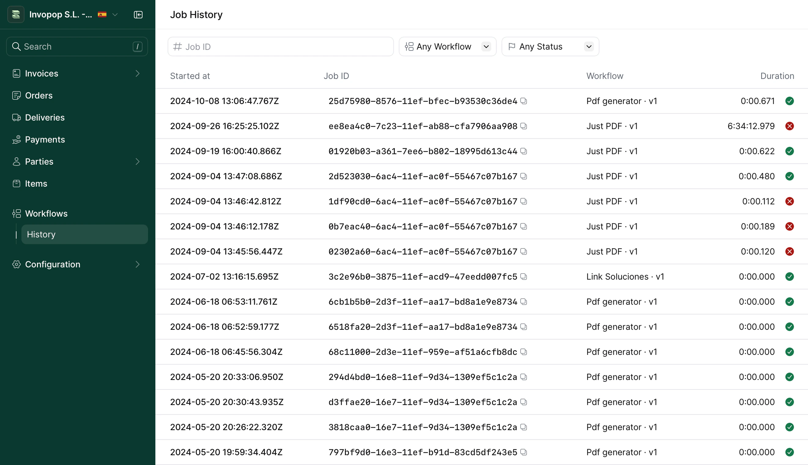 Job history view showing workflow executions