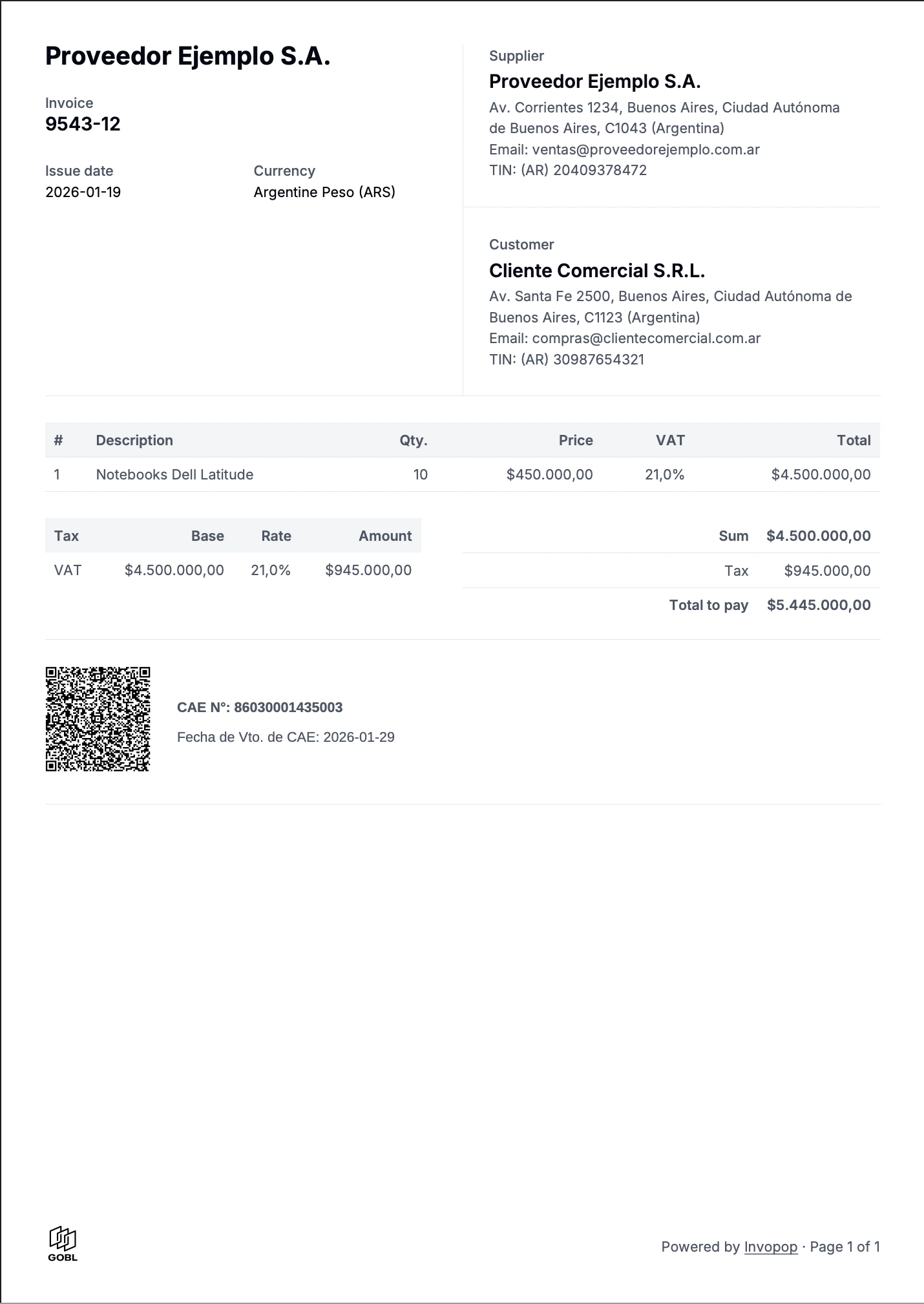 Sent invoice