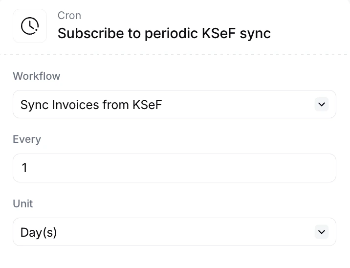 Configured Subscribe to periodic KSeF sync step showing the selected sync workflow and interval