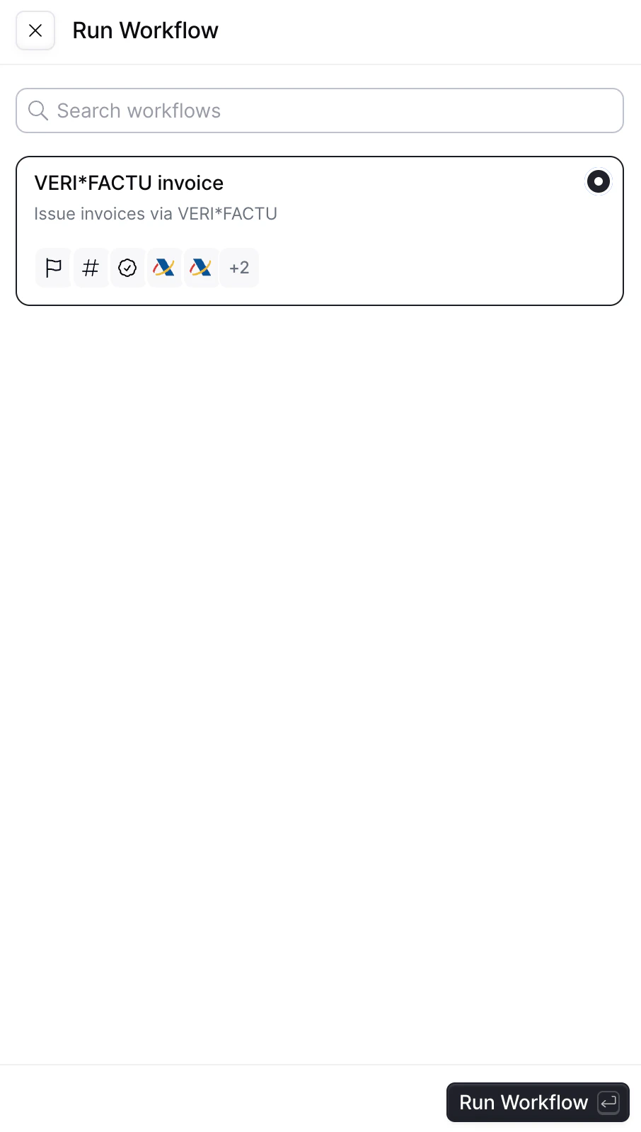 Workflow selection panel from a silo entry