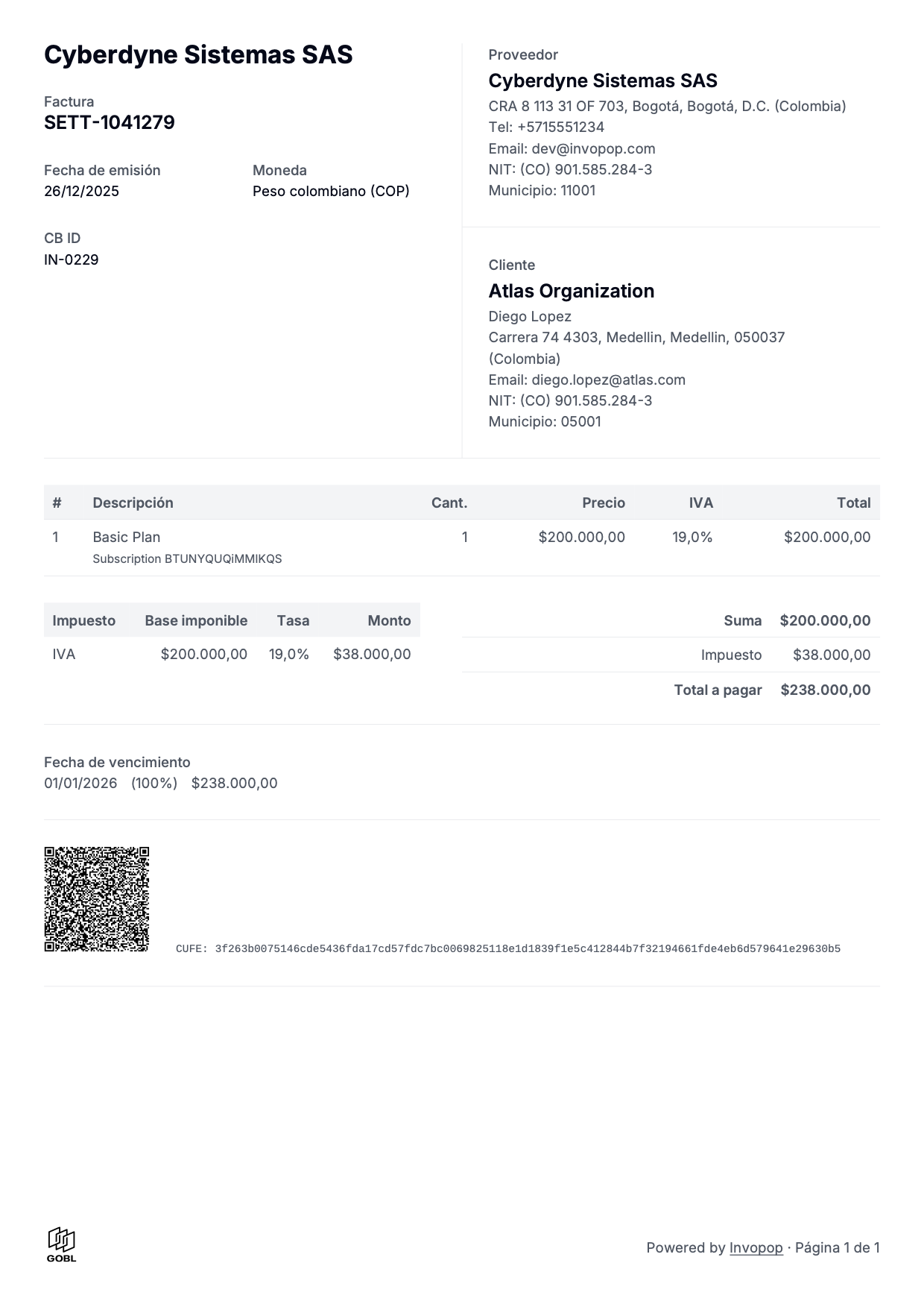 Example PDF invoice - Colombian invoice in Spanish