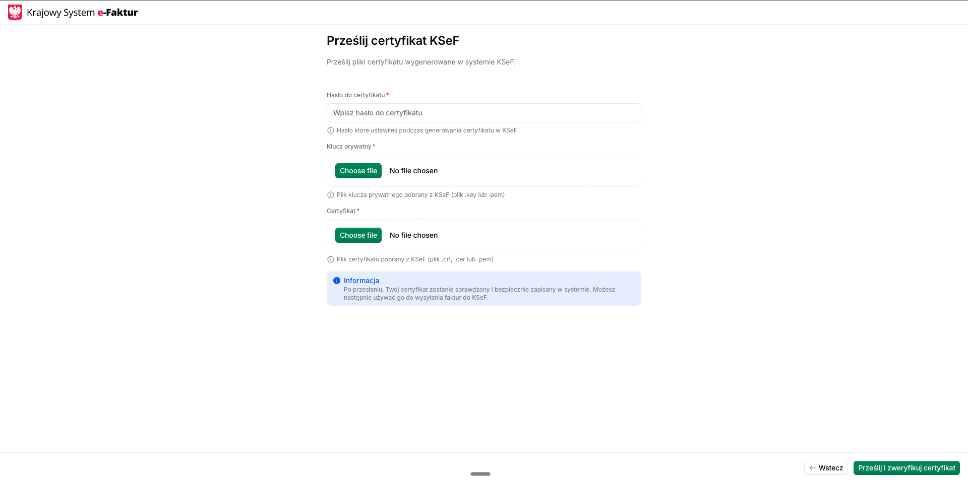 KSeF certificate upload form