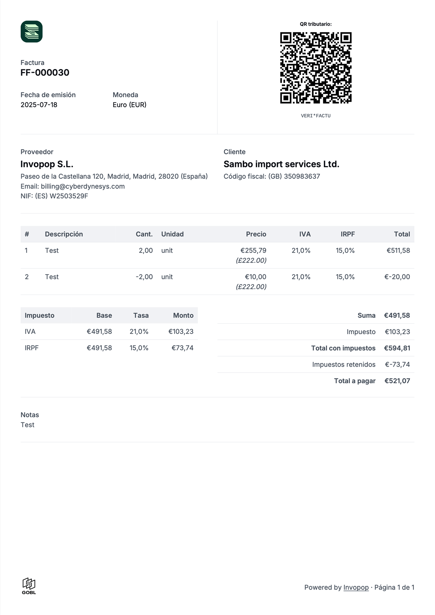 Example VERI*FACTU invoice with QR