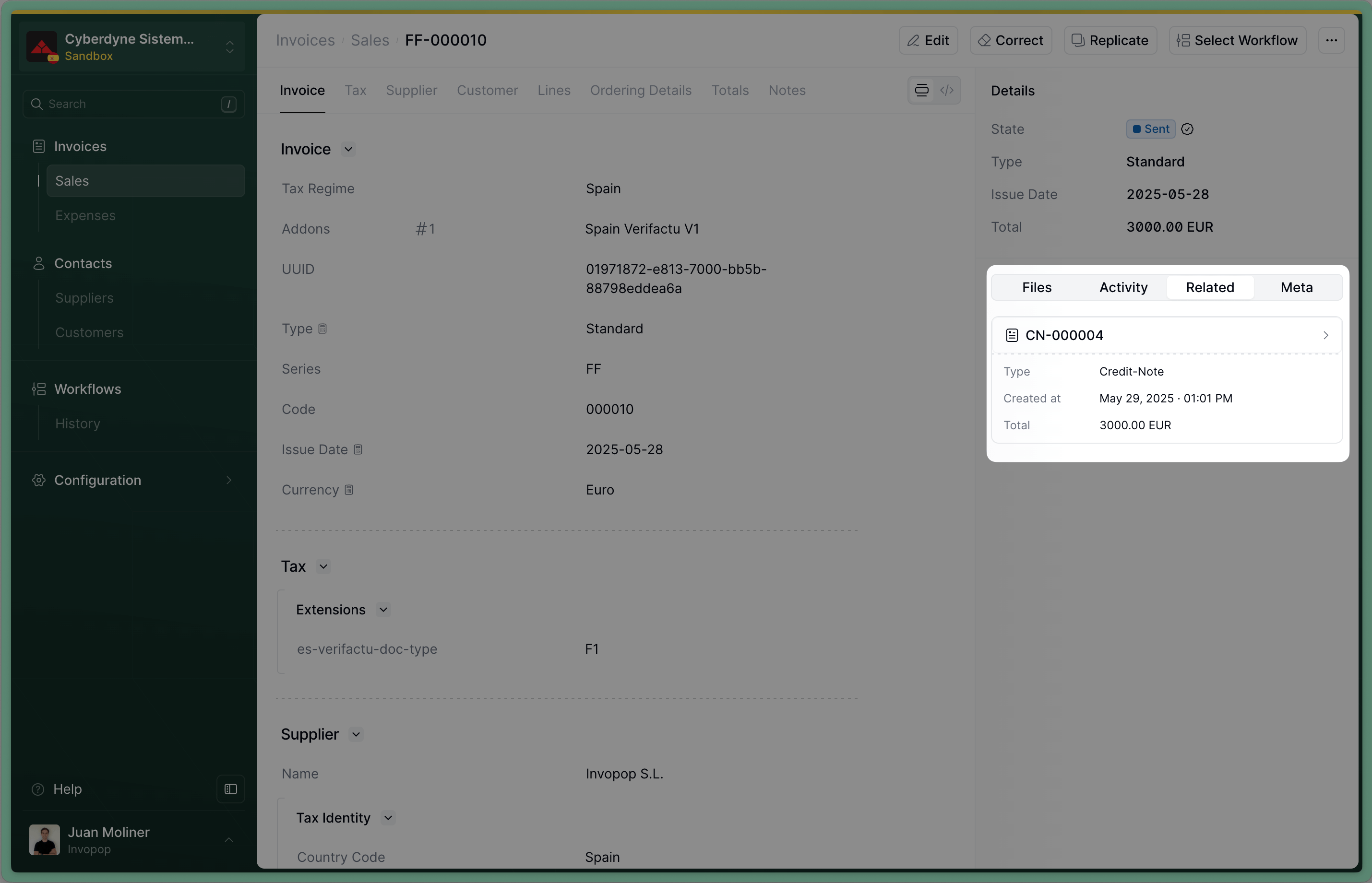 Invoice related to a credit note