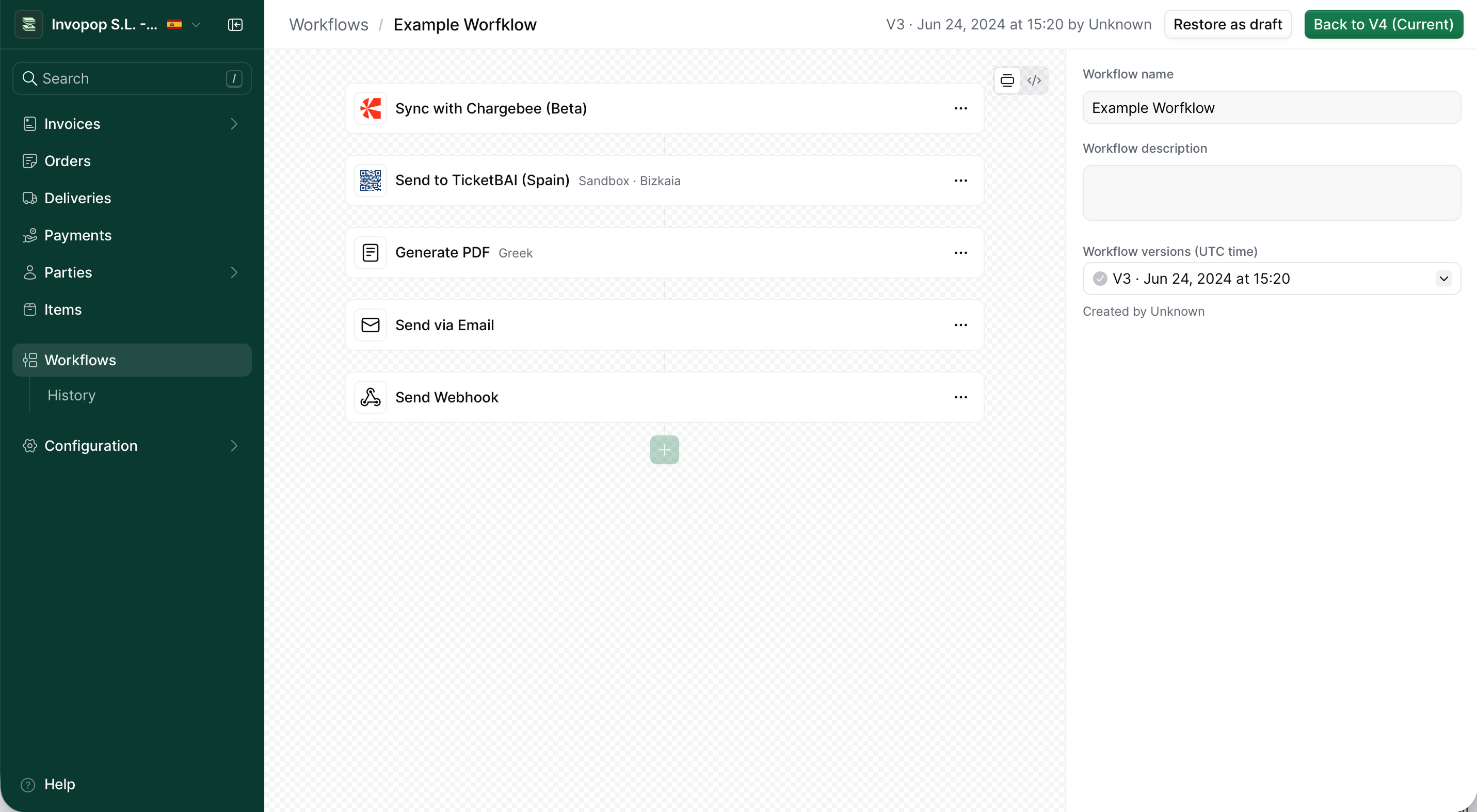 Workflow version preview with restore option