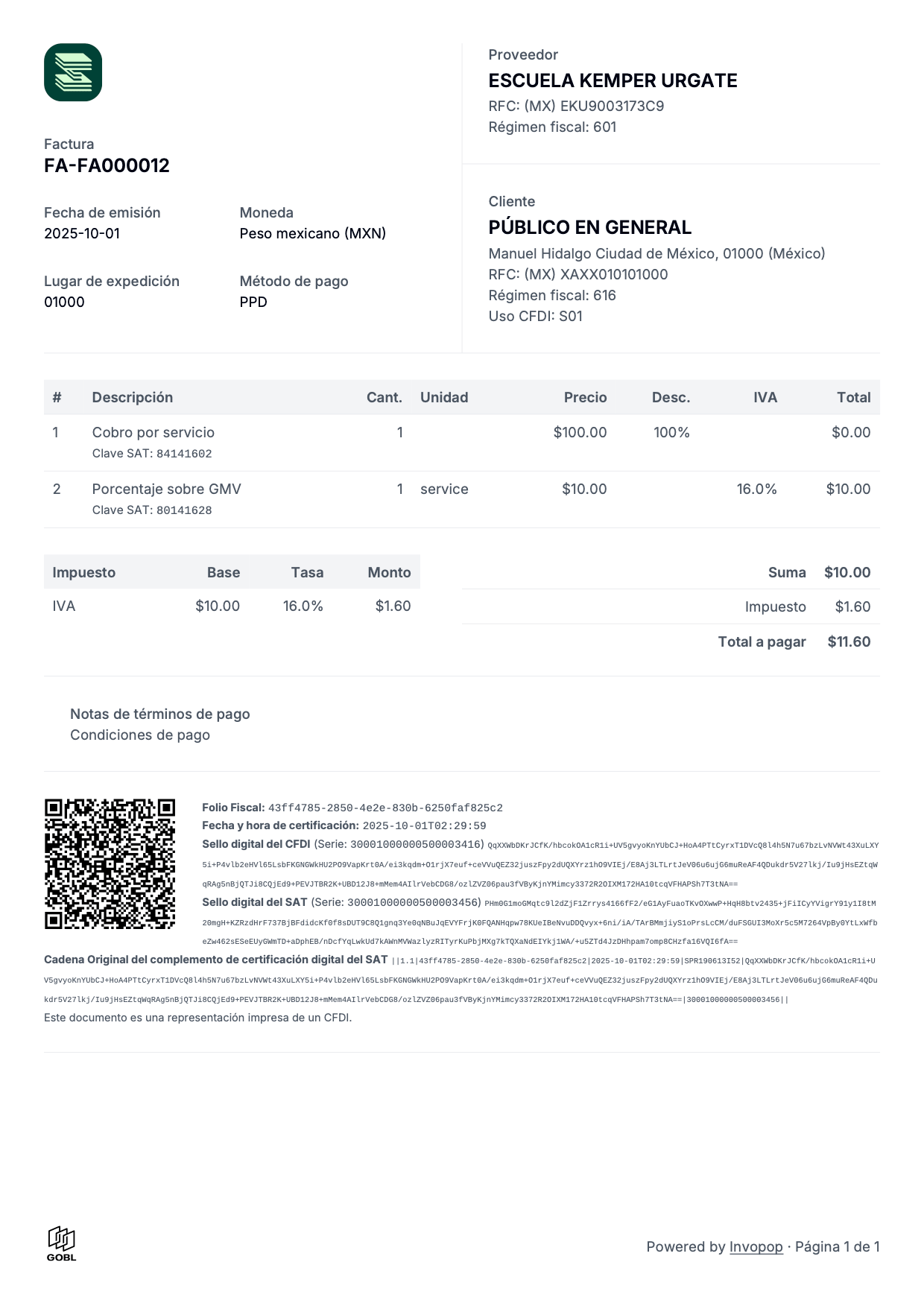 Example PDF invoice - Mexican invoice in Spanish