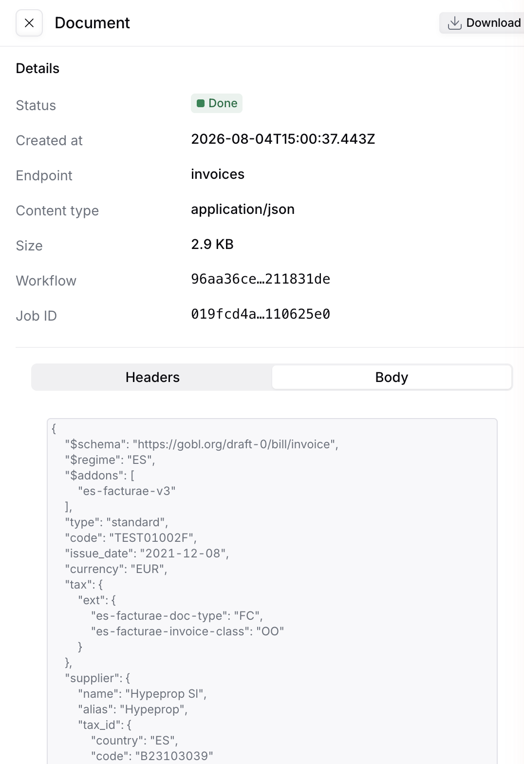 Document details panel showing the delivery metadata and a preview of the payload body