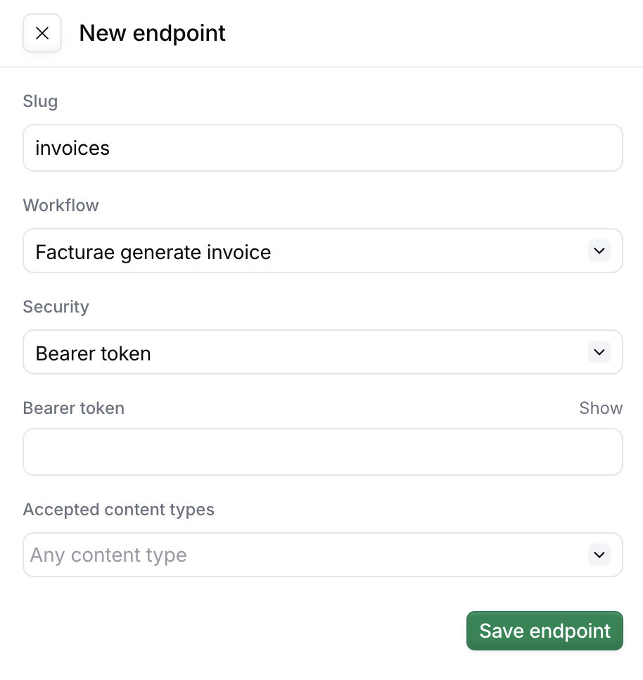 New endpoint form with the slug, workflow, security and accepted content types fields