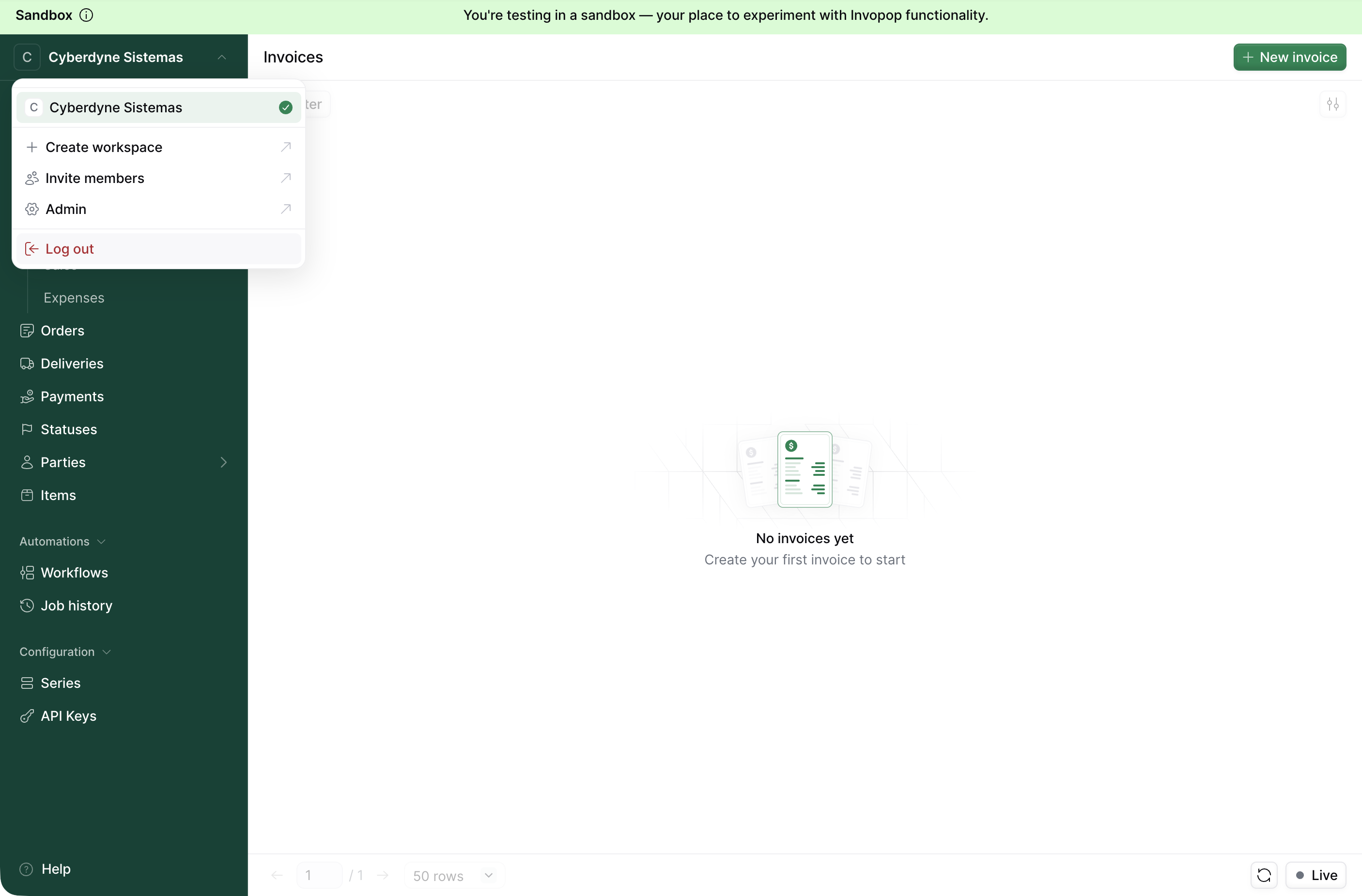 Workspace menu with the Admin option
