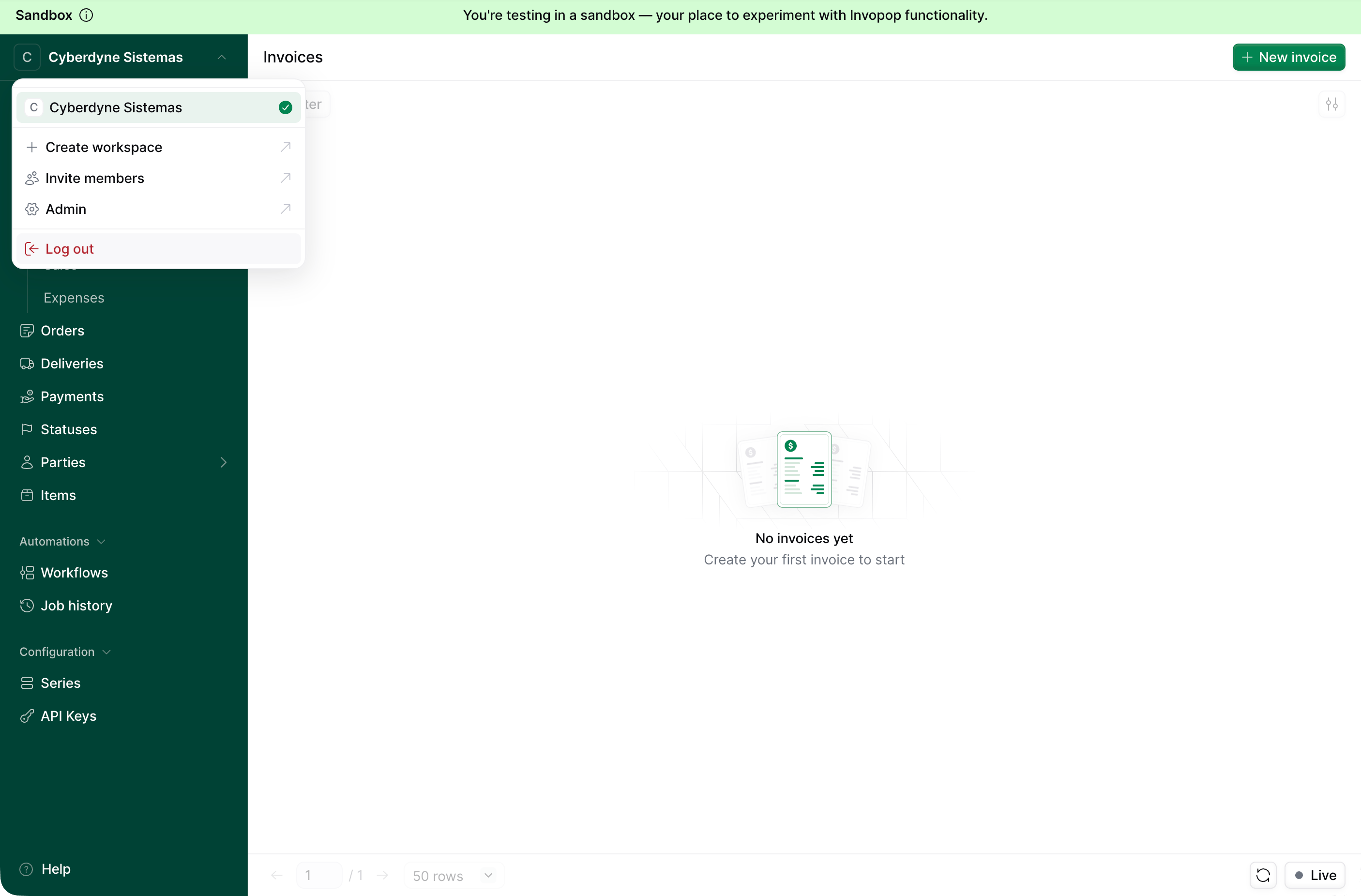 Workspace menu with the Admin option